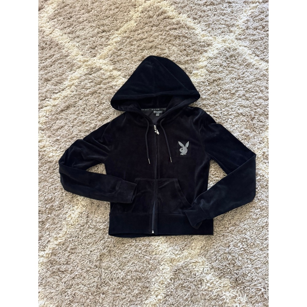 Playboy Black Velour Rhinestone Zip Up Hoodie XS Crystal Bunny Logo Y2K Jacket